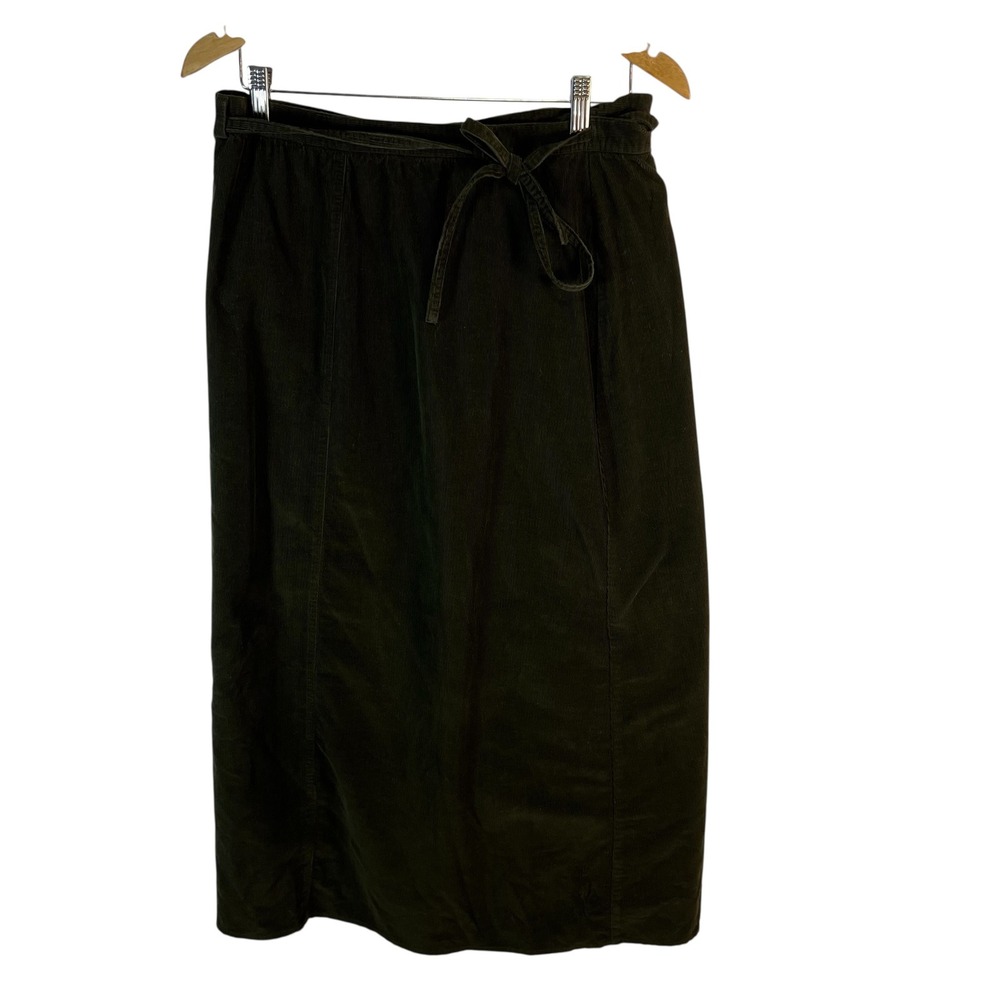 Vintage Orvis Olive Green Corduroy Wrap Midi Skirt Womens 14 Cotton Made‎ in USA